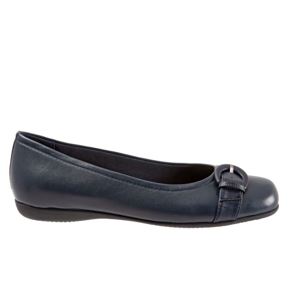 Trotters Navy Blue Leather Ballet Flats with Buckle